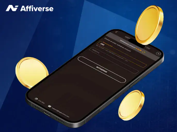 Smartphone showing a USDT withdrawal screen surrounded by gold coins and a fast timer icon.