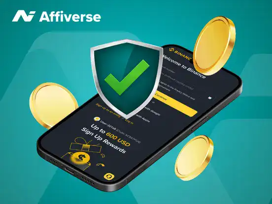 A smartphone displaying the Binance login page with a green shield and gold coins.