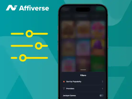 Smartphone screen showing a filters menu for sorting games by popularity and providers.