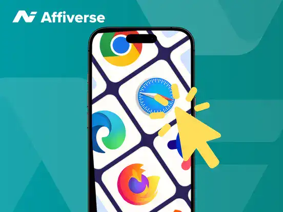 Smartphone screen showing browser icons with a cursor clicking the Safari logo.
