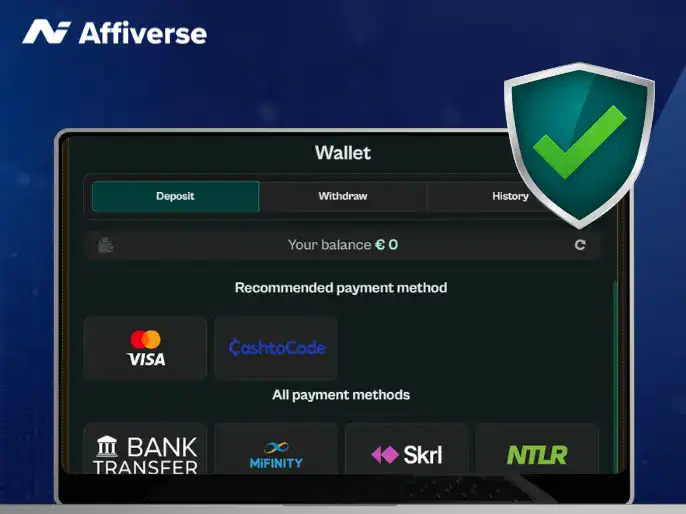 Digital wallet interface with payment methods and a green checkmark security shield overlay.