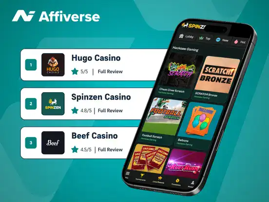 Smart phone showing rating information for three licensed casinos.