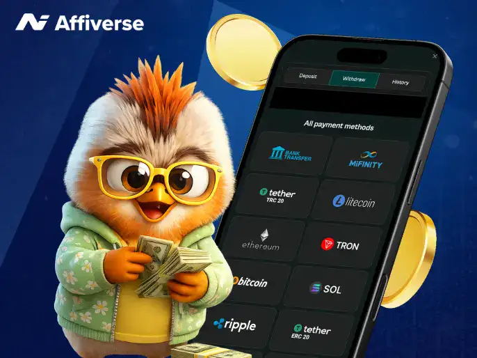 Animated owl character holding cash next to a phone screen listing crypto withdrawal options.