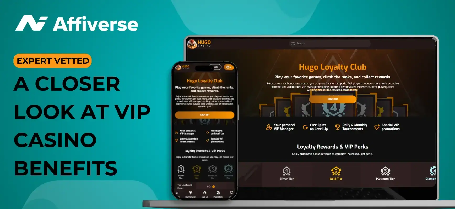 Affiverse banner for Hugo Casino Loyalty Club, showcasing VIP benefits on mobile and desktop.