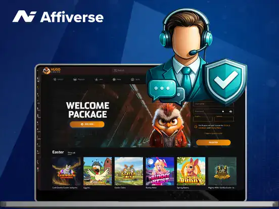 Casino support agent with chat icon and security shield on desktop