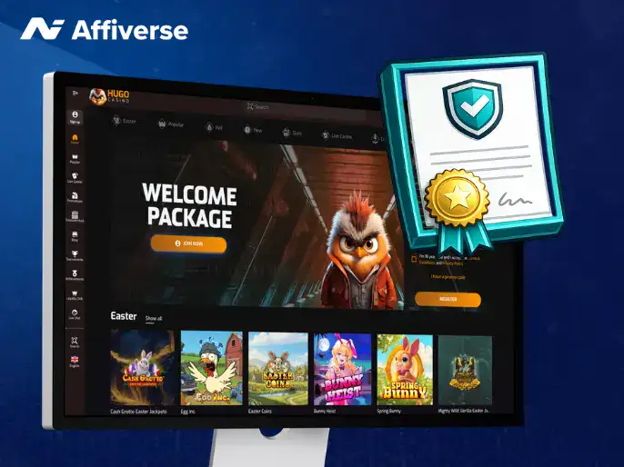 Online casino welcome page with certification badge and slots