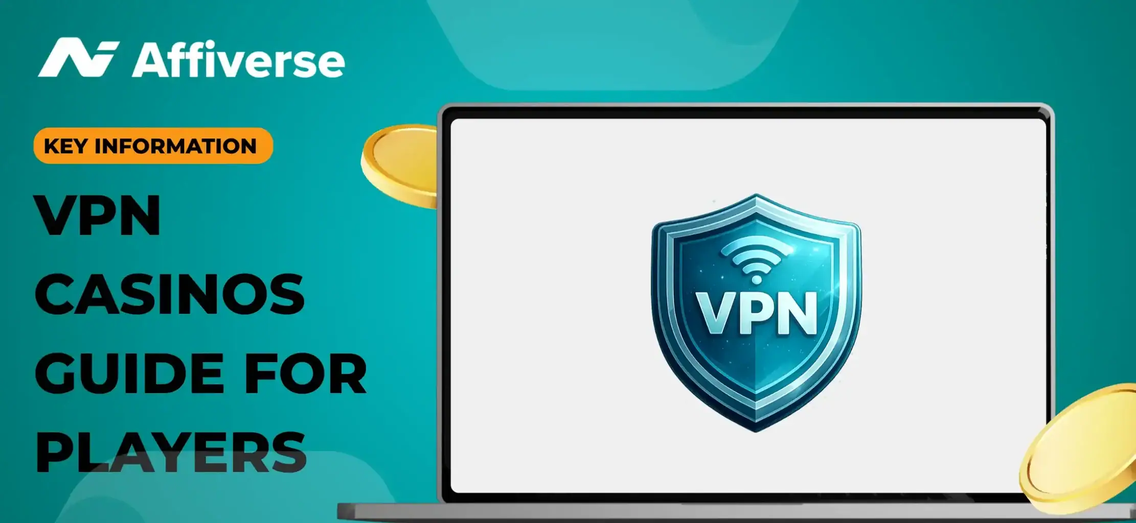 A VPN logo on a laptop, two coins and key information text against a blue background.