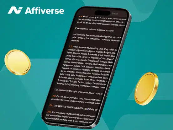 A privacy policy on a phone with two coins against a blue background.
