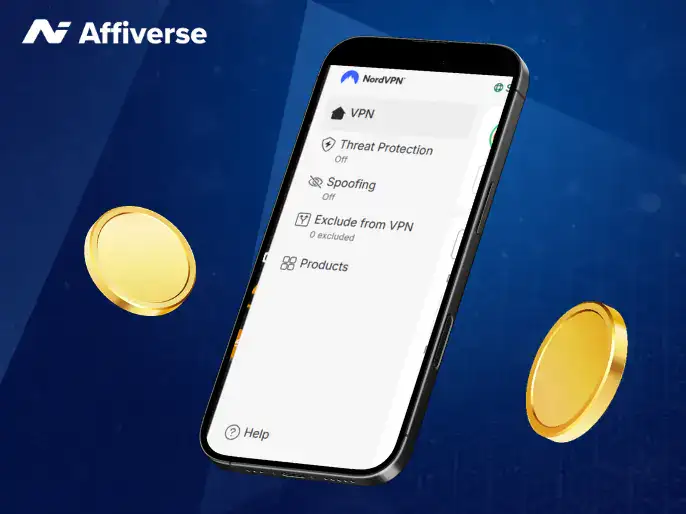 NordVPN on a phone with two coins against a blue background.