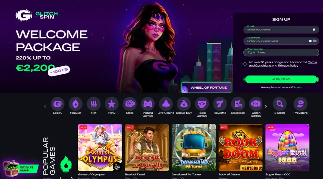 GlitchSpin Casino's main page with menu items against a black background.