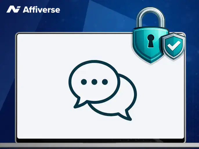 A conversation bubble on a laptop with a shield against a blue background.
