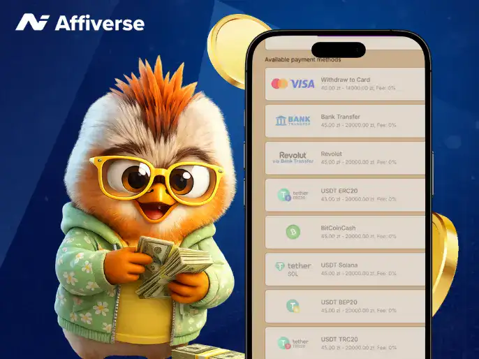 Smartphone displaying available withdrawal methods next to a cartoon owl holding stacks of cash.