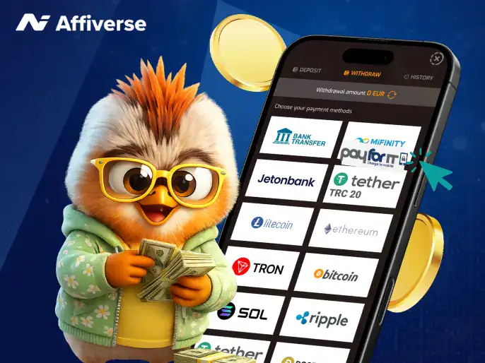 Cartoon bird character holding cash next to a smartphone showing withdrawal payment methods.