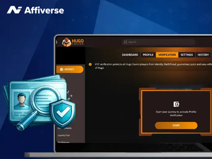 Laptop screen showing a Hugo Casino KYC verification page with a blue folder icon labeled KYC.