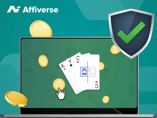 Laptop screen showing KYC verification cards and a green security shield.