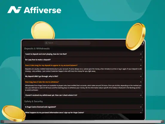 Laptop screen showing FAQ section for Hugo Casino deposits and withdrawals with floating gold coins.