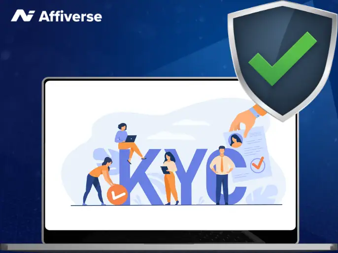 Laptop screen with a KYC illustration of people and documents, featuring a green security shield.