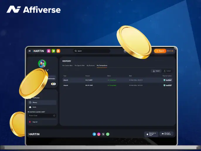 Laptop screen displaying a transaction history for Martin Casino with floating gold coins.