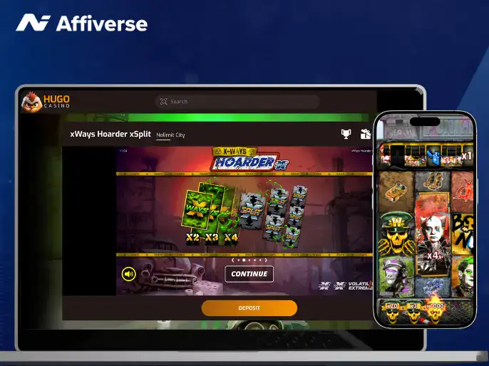 Laptop and mobile device displaying Nolimit City's xWays Hoarder xSplit game interface.