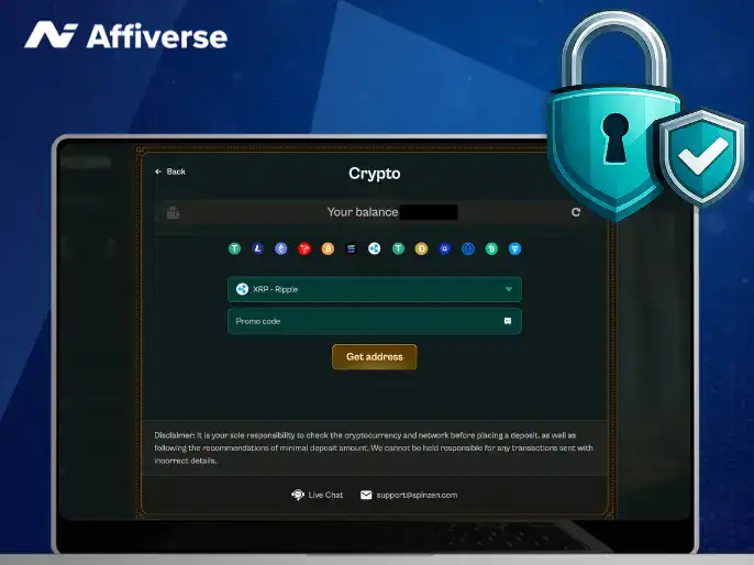 Smartphone with a crypto wallet interface, a blue padlock icon, and floating gold coins.