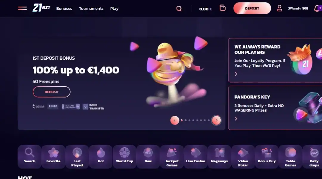 21Bit casino homepage screenshot featuring game lobby preview and welcome bonus.