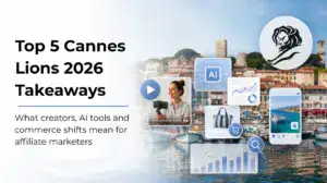 Cannes Lions 2026 graphic with AI, creator commerce and analytics icons over Cannes harbor.