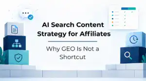 Affiliate GEO strategy image showing AI search, content structure and SEO foundations.