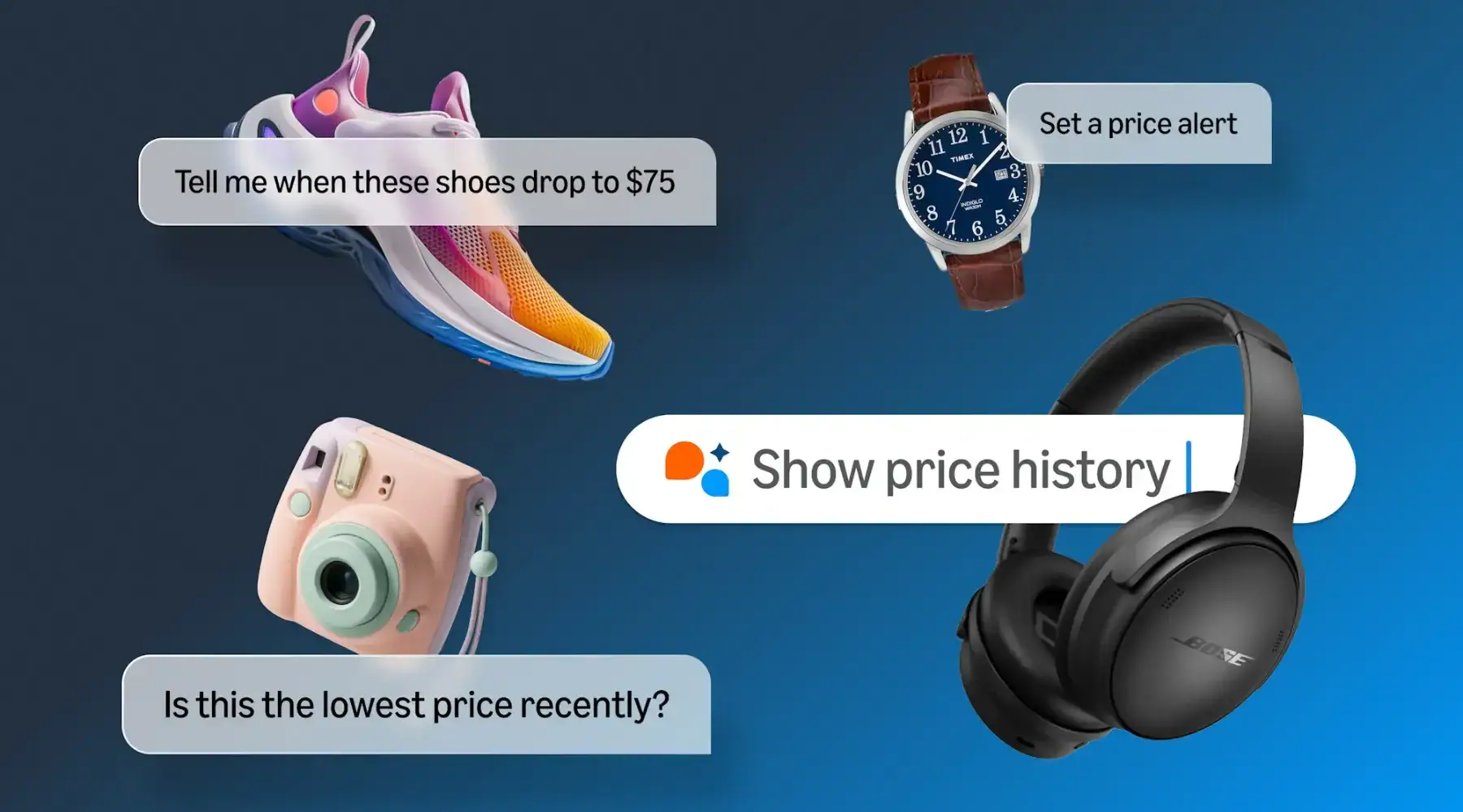 Ecommerce price history graphic with product alerts, search bar and shopping items.