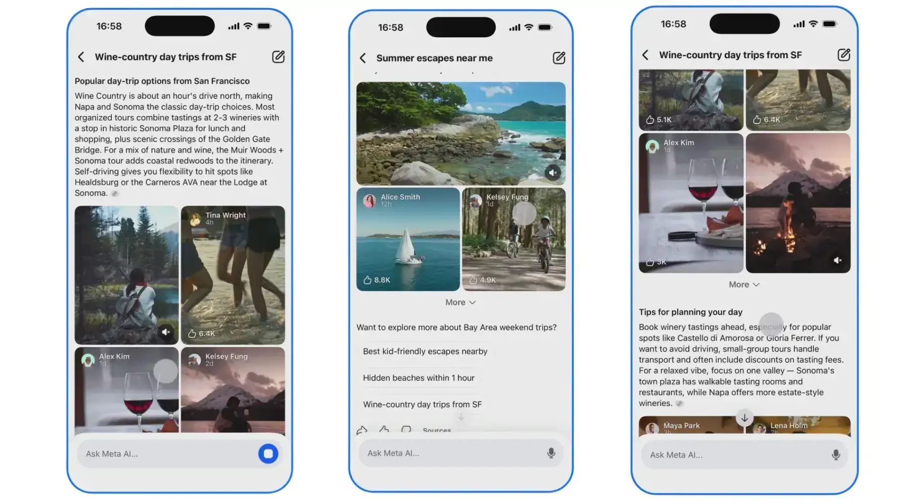 Image displaying three phones showing the new AI Mode for Facebook Search.