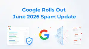 Google spam update graphic with search results, shield and blocked spam cards.