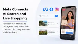 Meta AI search and Instagram live shopping graphic with Facebook, Instagram and Meta logos.