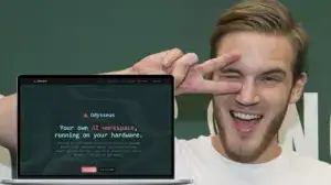 PewDiePie posing beside laptop showing the Odysseus AI workspace interface.