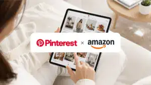 Pinterest x Amazon graphic over a creator commerce shopping feed on tablet.