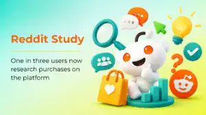 Reddit purchase research graphic showing community threads, search and shopping decision icons.