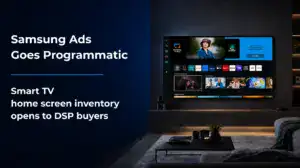 Samsung Ads smart TV home screen displayed in a modern living room.