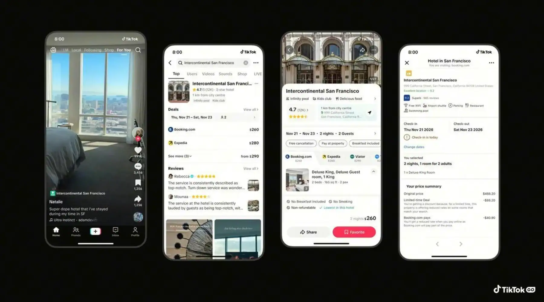 TikTok GO booking flow showing hotel discovery and checkout screens inside the app.