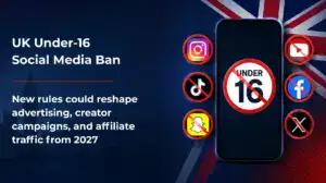 UK under-16 social media ban graphic showing restricted social media logos and advertising impact.