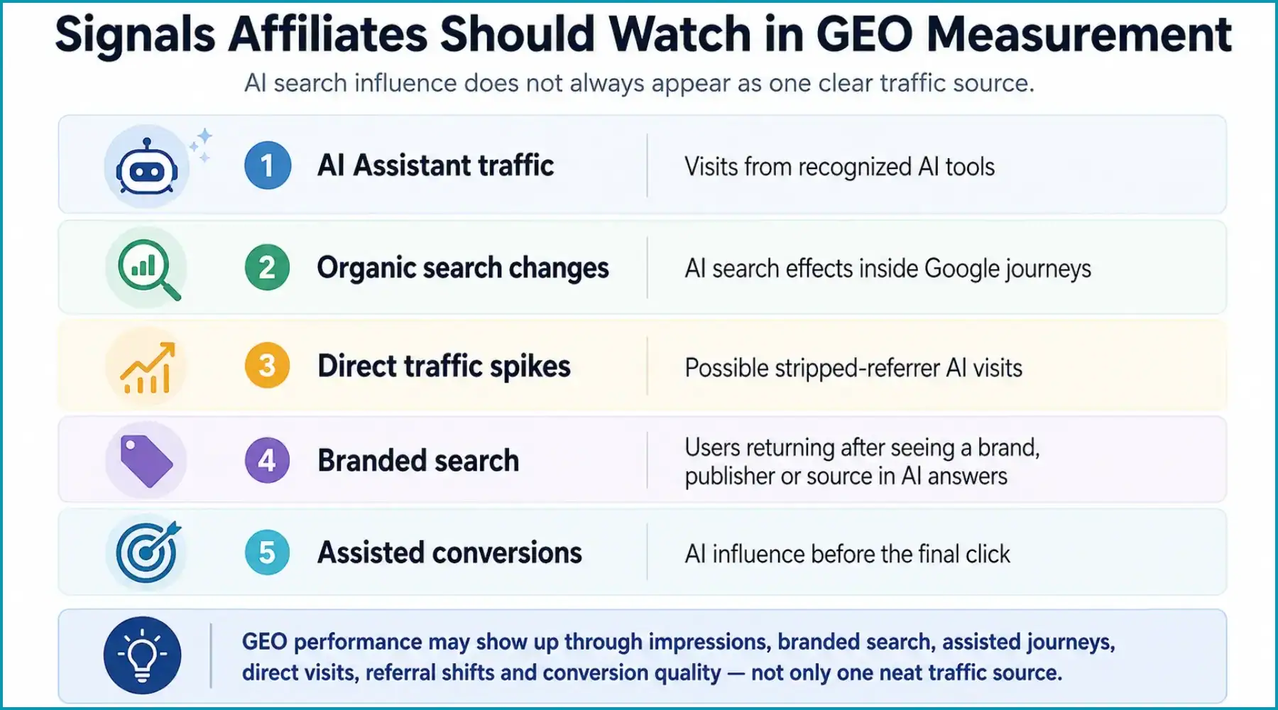 GEO measurement infographic showing AI traffic, branded search and assisted conversion signals.