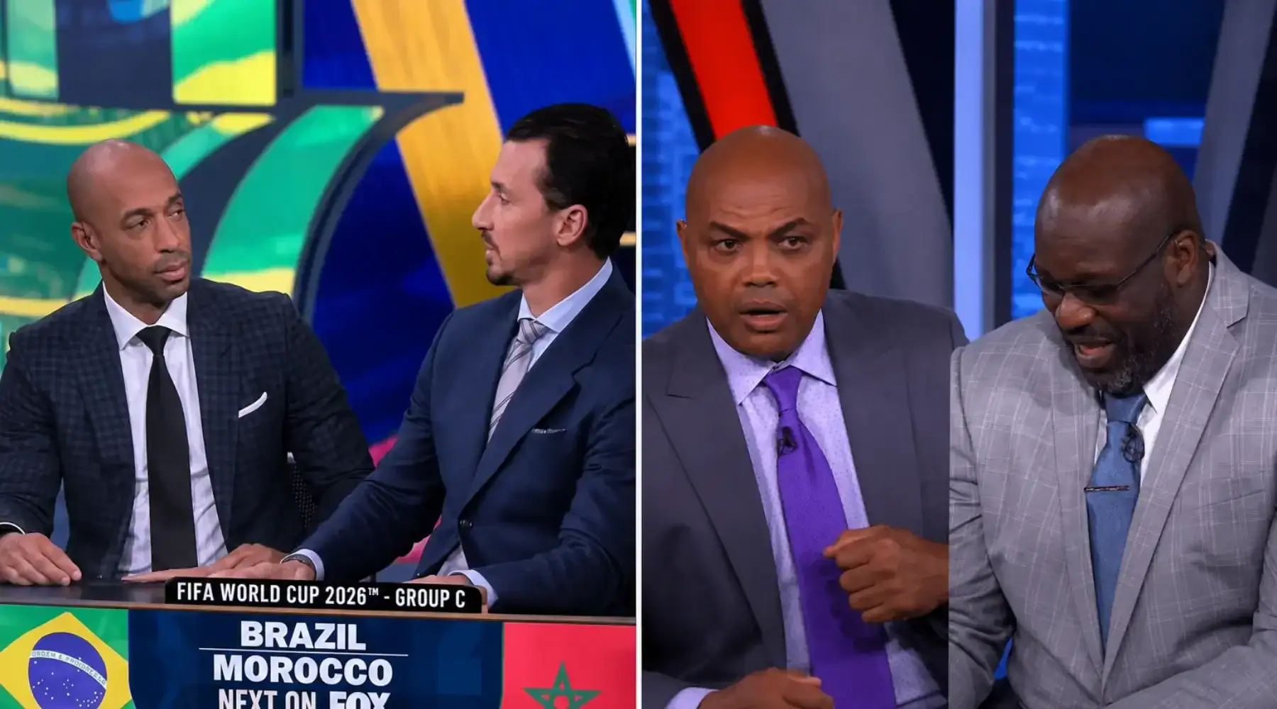 Broadcast studio comparison showing football and NBA analysts in side-by-side panel discussions.