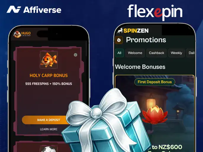 Two smartphones showing casino bonus pages behind a large, glowing light-blue gift box.