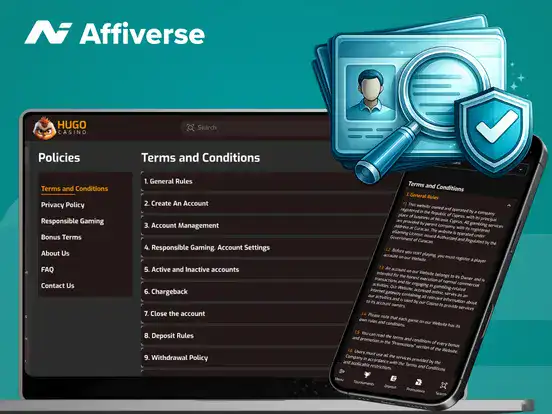 Laptop and phone showing terms and conditions with a magnifying glass over an ID card.