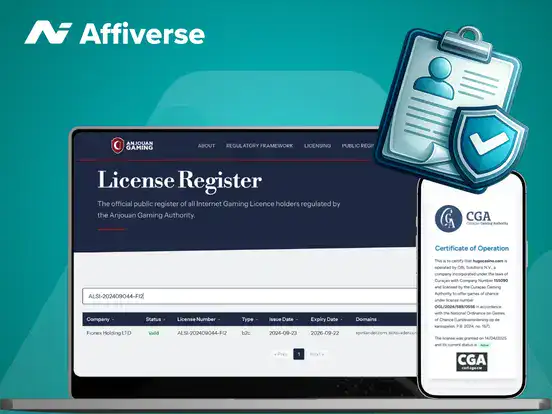 Laptop and phone showing a gaming certificate of operation with a verified clipboard icon.