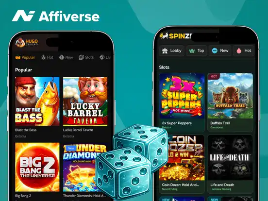 Two smartphones displaying different online casino game lobbies with blue glowing dice.