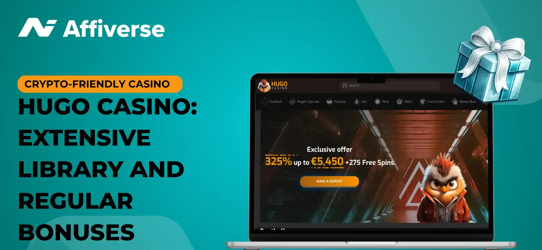 A screenshot of Hugo Casino's current promotions and games.