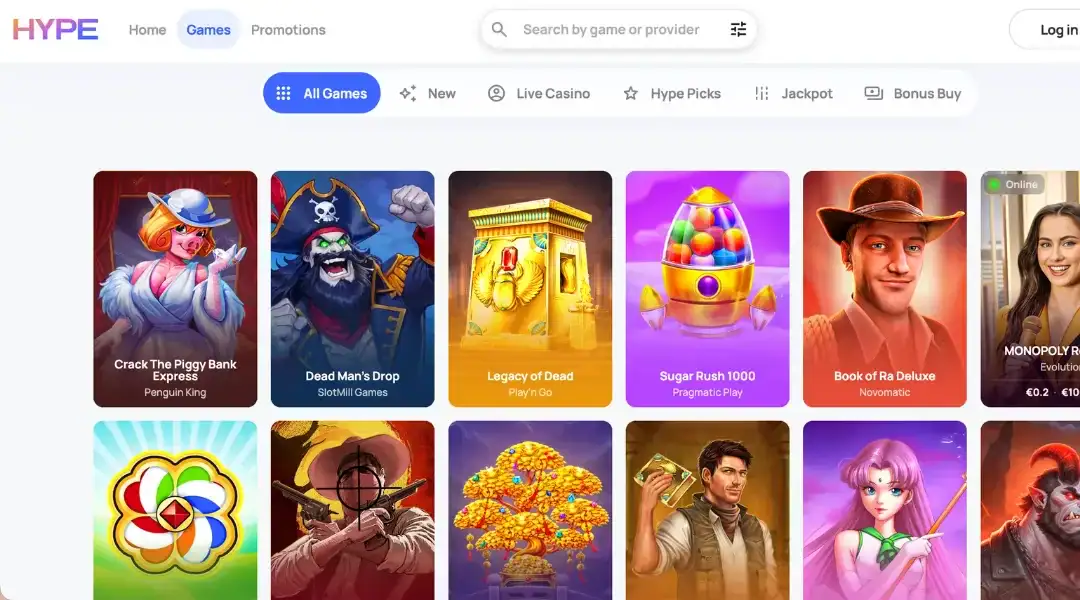 A screenshot showing the main game lobby of HypeKasino.
