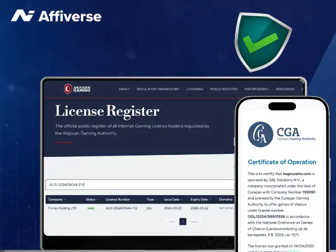 Two smartphones displaying licence certificates with a green check shield.