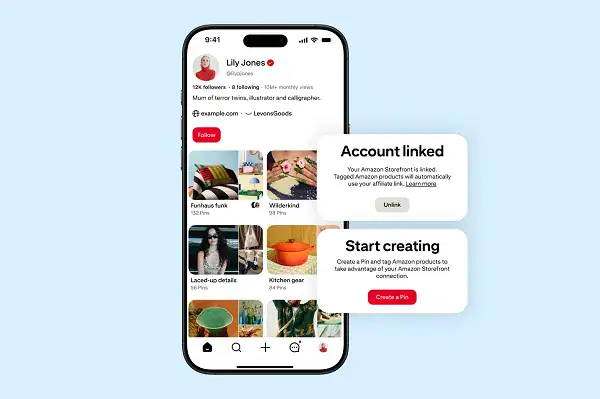 Pinterest mockup showing Amazon Storefront linked to a creator profile. 