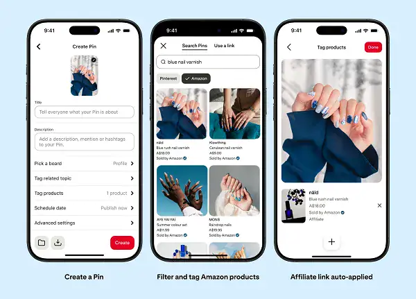 Pinterest mockup showing Pin creation, Amazon product tagging and affiliate link application. 