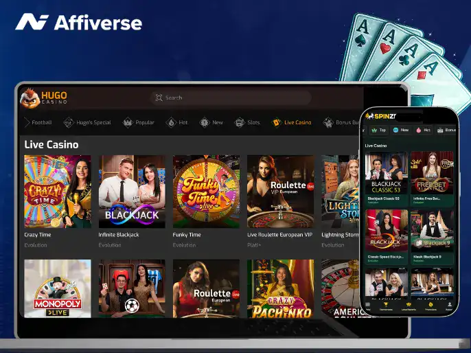 Laptop and phone displaying a grid of online casino games with a hand of four aces in the corner.