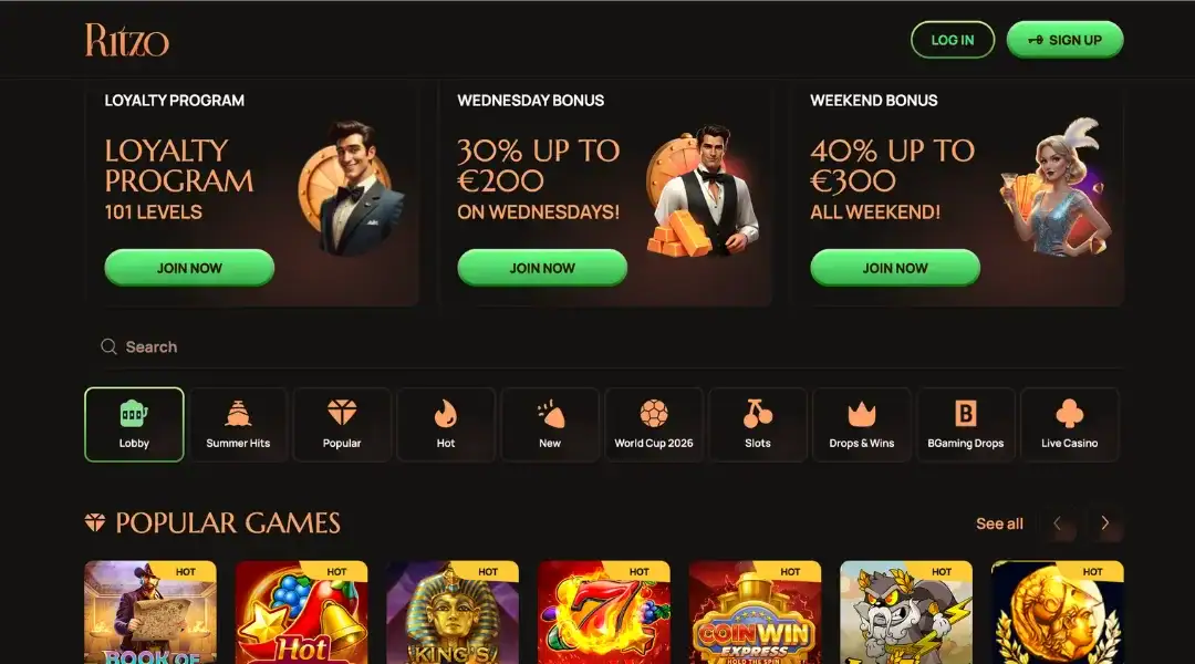 Ritzo Casino homepage.